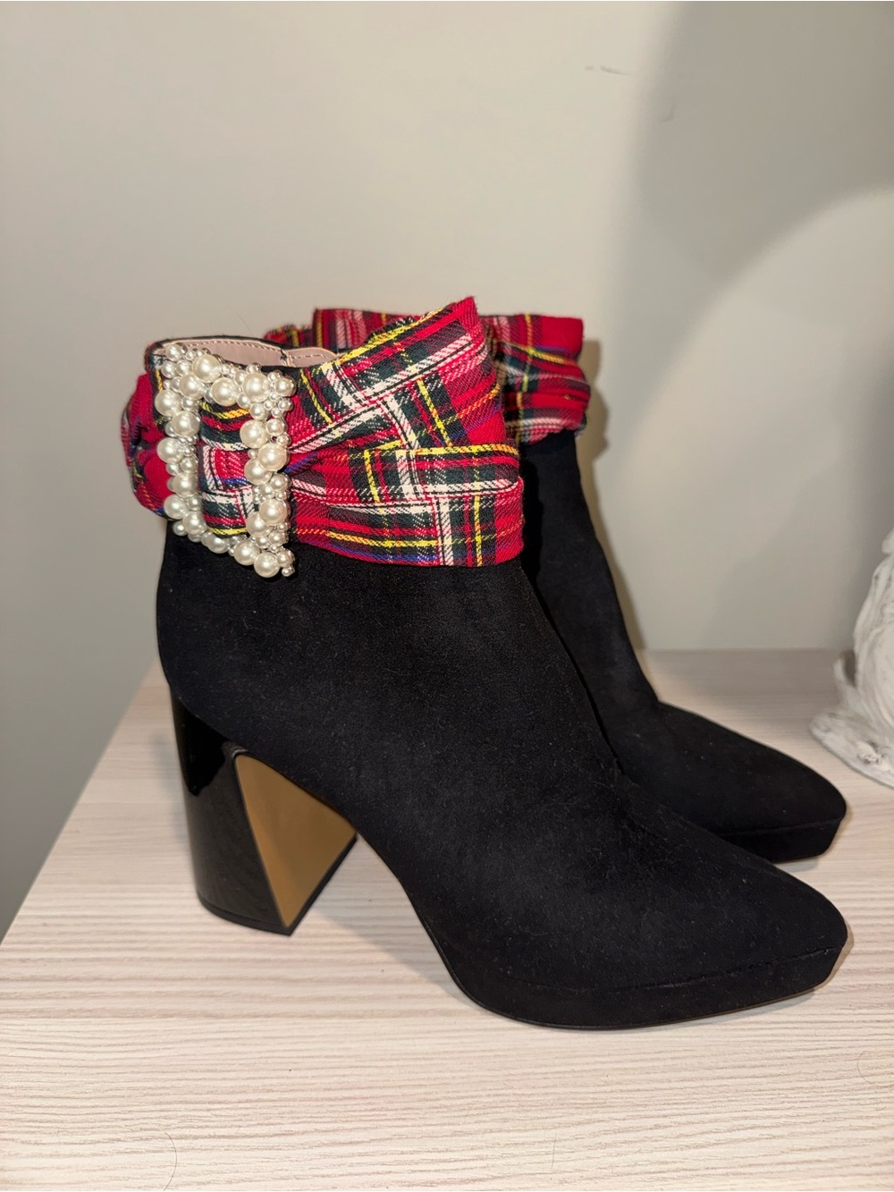 Betsey Johnson Black Suede Ankle Boots with Red Plaid Pearl Buckle
